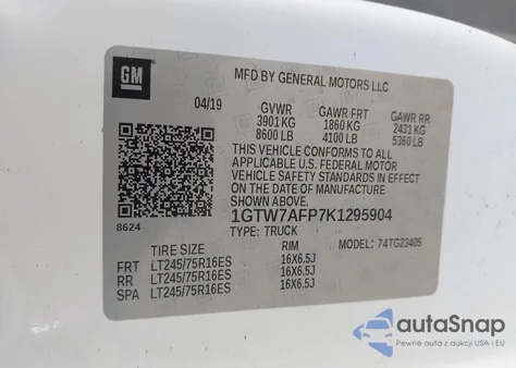 2019 GMC Savana 2500 Work Van z USA, uszkodzony, nr VIN 1GTW7AFP7K1295904